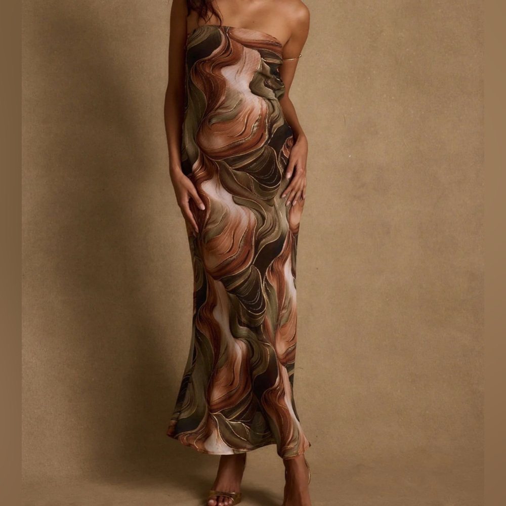 12th Tribe Strapless Swirl Dress - Brown and Green